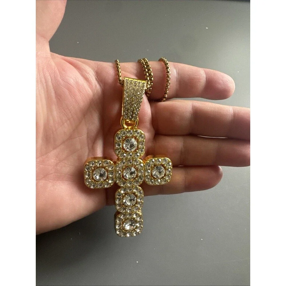 Gold Plated Cross Pendant Cubic Zirconia 24 Inch Necklace Unisex Hip Hop Gift